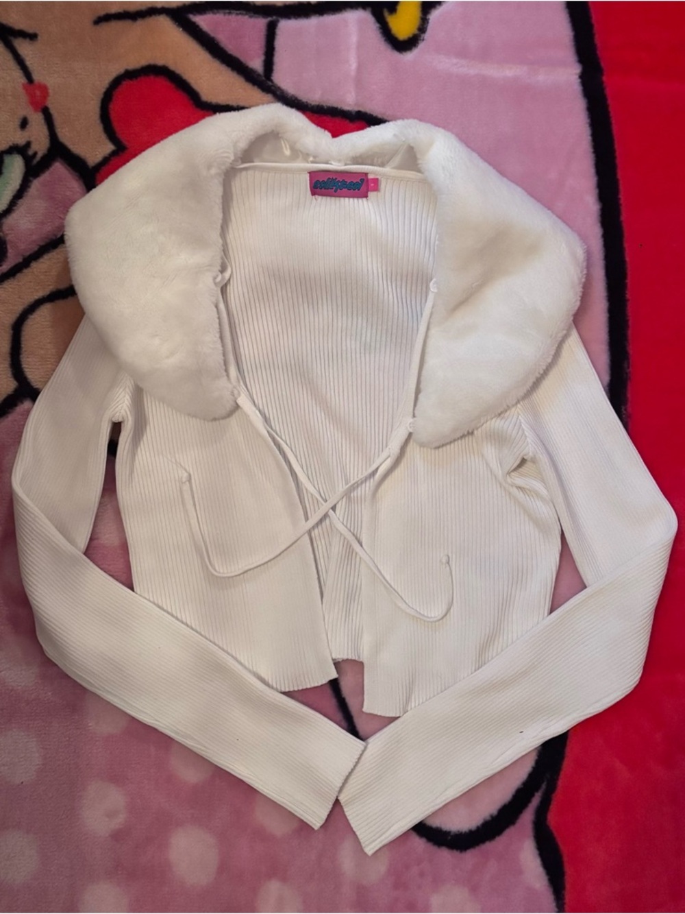 Edikted White Faux Fur Collar Ribbed Cardigan